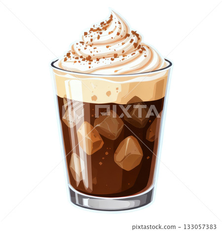 Delicious iced coffee cold brew in glass with sweet whipped cream on top, refreshing and indulgent beverage 133057383
