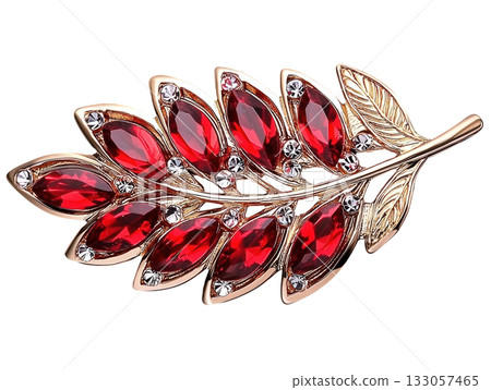 Elegant gold feather brooch with red ruby leaf design. luxury jewelry pin shining with sparkling crystal 133057465