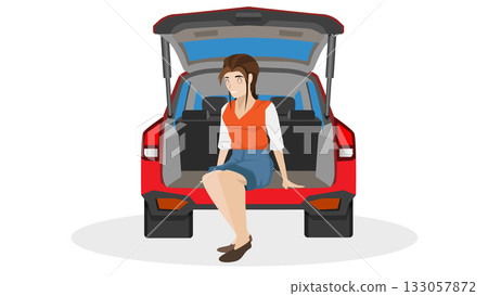 Asian woman is relaxing in the back of a car with a smiling face. Red car with the trunk open reveals the interior. Illustration for tourism activities. Isolated white background. Asian woman is relaxing in the back of a car with a smiling face. Red car with the trunk open reveals the interior. Illustration for tourism activities. Isolated white background. 133057872