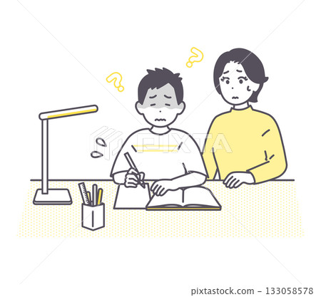 插圖描繪了父母和孩子在家學習的情景。我不明白,這太難了。 插圖描繪了父母和孩子在家學習的情景。我不明白,這太難了。 133058578