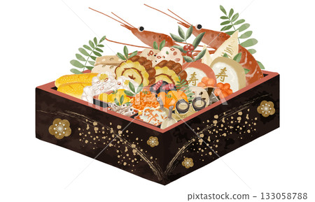 Watercolor New Year's food box illustration 133058788