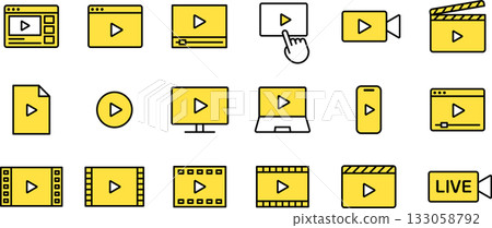 可編輯的影片、素材和電影線條圖示集 133058792