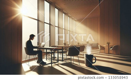 Remote work in a cafe with sunlight streaming in | Perfect background for advertising and social media 133058943