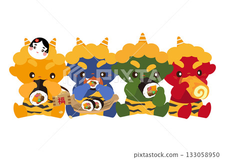 節分日，色彩繽紛的插圖描繪了惡魔以各種方式吞食惠方卷的場景。 133058950
