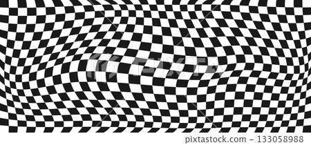 Trippy checkerboard background. Retro psychedelic checkered wallpaper. Wavy groovy chessboard surface. Distorted geometric grid chess pattern. Abstract black and white race flag backdrop. Vector 133058988