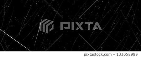 Black scratched texture background. Old grainy photo filter overlay with particles, fibers and flecks. Dusty damaged film wallpaper. Weathered rough distressed backdrop. Vector grunge gritty surface 133058989