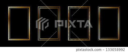 Gold thin rectangle frame set. Shining golden square borders in art deco style. Thin linear rectangular cadre collection. Vector yellow glowing shiny boarder element pack for photo, poster, tarot card 133058992