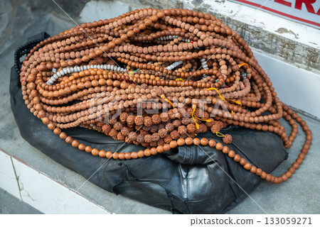 Group of prayer beads selling in local market in Kathmandu, Nepal. 133059271