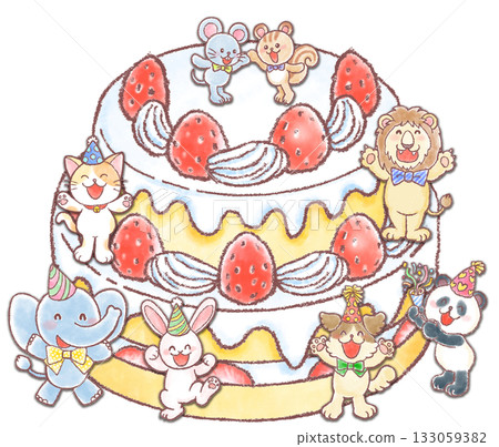Giant strawberry cake and cute animals_two-tiered cake 133059382