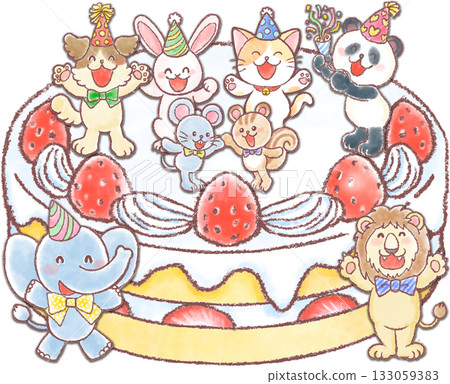 Giant strawberry cake and cute animals_Animals on top of cake 133059383