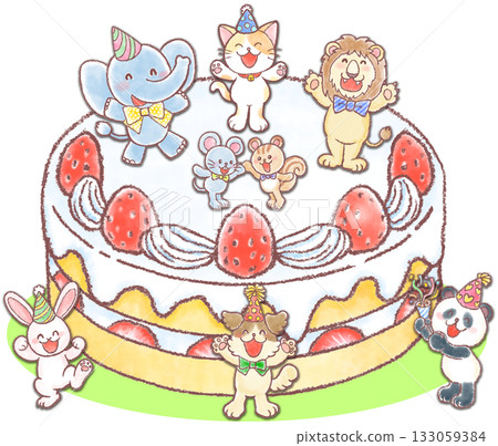 Giant strawberry cake and cute animals_Animal cake party 133059384