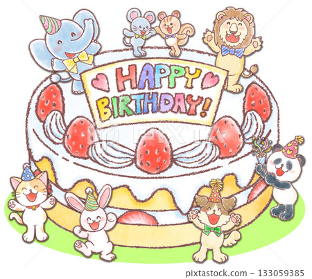 Giant strawberry cake and cute animals_Birthday cake 133059385