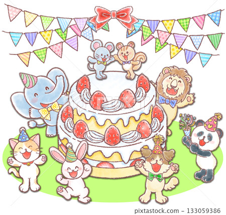 Giant strawberry cake and cute animals, two-tiered birthday cake with garland 133059386