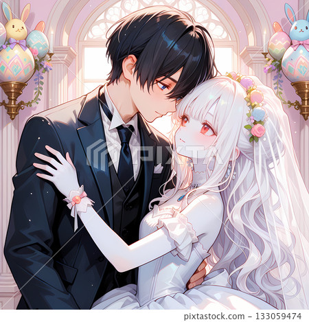 復活節當天，一對新人喜結連理。一位白化病女孩和一位藍眼睛的年輕男子即將步入婚姻殿堂。漫畫風格的AI插畫。 133059474