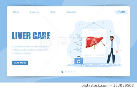 Liver care concept. Landing page template. Diagnosis, therapy options and care for hepatitis, cirrhosis or liver cancer. Vector illustration in flat cartoon style 133059508