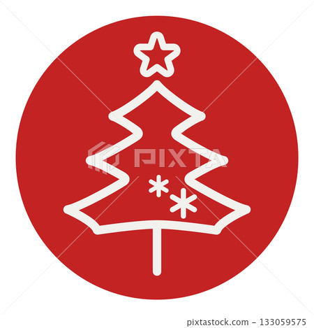 簡潔時尚的紅色聖誕樹插圖，圓形圖標，冬季象徵，紅色線條畫 133059575