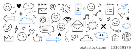 Emoji media hand drawn doodle icon set. Internet conversation, media outline tech emoji, star, arrow shape. Hand drawn sketch chat emoticon, digital cloud, smile face elements. Vector Emoji media hand drawn doodle icon set. Internet conversation, media outline tech emoji, star, arrow shape. Hand drawn sketch chat emoticon, digital cloud, smile face elements. Vector 133059579