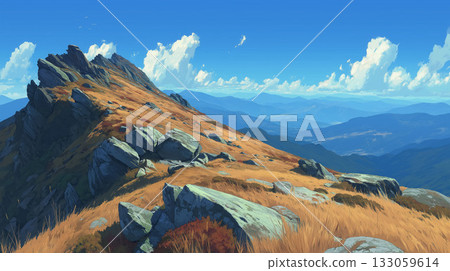 Autumn leaves decorating the high mountains. An illustrated mountain landscape with a refreshing breeze and clear autumn skies. 133059614