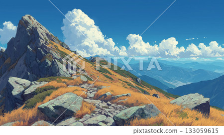 Golden mountainside and blue sky sparkle on this autumn hiking trail. An exhilarating alpine hike illustrated with an illustration-style touch. 133059615