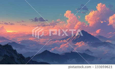 從山頂眺望日出，景色壯麗無比，廣闊的土地和雲朵在晨曦的照耀下交相輝映。 133059623