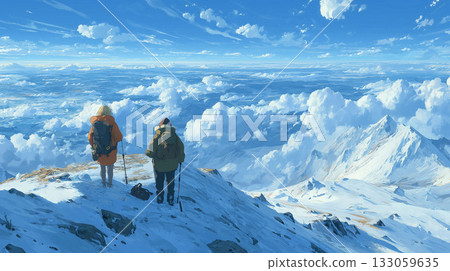 一位勇敢的登山者冒著暴風雪登頂。只有勇於挑戰的人才能看到白雪皚皚的壯麗全景。 133059635