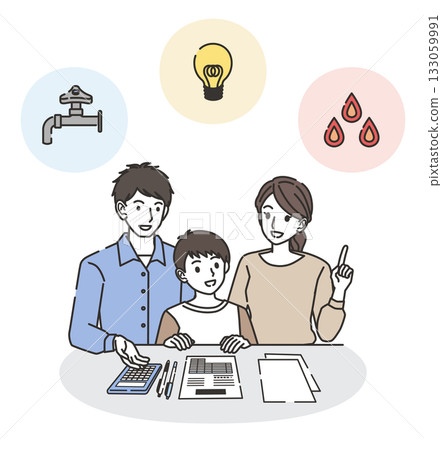 Illustration of a family reviewing utility bills Illustration of a family reviewing utility bills 133059991