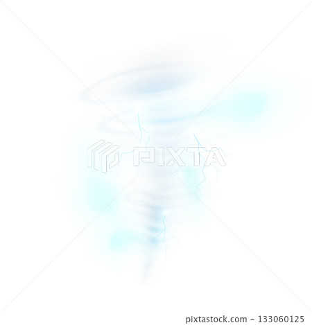 Realistic tornado storm, hurricane wind vortex, vector 3D cyclone twister with thunderbolt lightning, whirlwind funnel 133060125