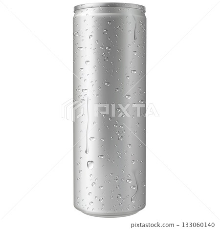 Aluminum drink can, vector realistic tall wet metallic tin can drink beer, soda, water, juice package with water drops 133060140