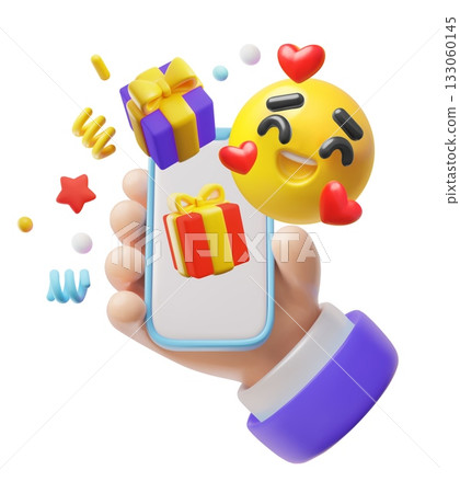 Hand holding mobile smartphone with gift box in the screen 3D cartoon plastic style vector, happy emoji emoticon in love 133060145