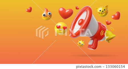 Realistic megaphone, fire, cat, heart and smiley emoji 3D cartoon plastic style, loudspeaker for marketing vector design Realistic megaphone, fire, cat, heart and smiley emoji 3D cartoon plastic style, loudspeaker for marketing vector design 133060154