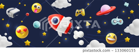 Game metaverse with smiley emoji 3D vector pattern, gaming joystick, rocket and planets floating in cosmic space 133060155