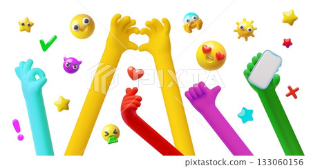 Colorful hands gestures with emoji emoticons 3D vector background, hand with smartphone, heart shape gesture, thumbs up Colorful hands gestures with emoji emoticons 3D vector background, hand with smartphone, heart shape gesture, thumbs up 133060156