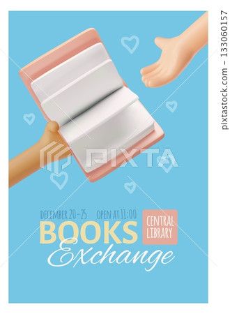 3D poster featuring a hand holding an open book and passing it to another. 3D poster featuring a hand holding an open book and passing it to another. 133060157