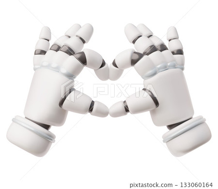 3D robotic hands icon showing a heart, gesture, emoji, support, care, connection. 3D robotic hands icon showing a heart, gesture, emoji, support, care, connection. 133060164