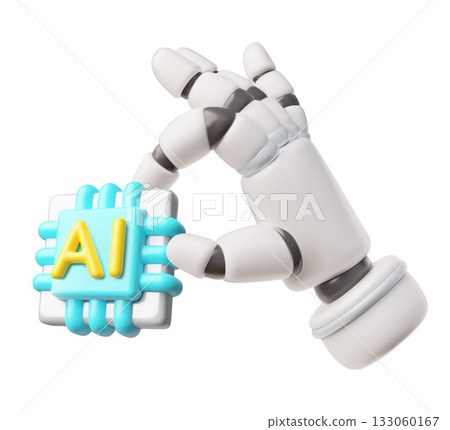 A 3D robotic hand holding an artificial intelligence chip, modern technology. 133060167