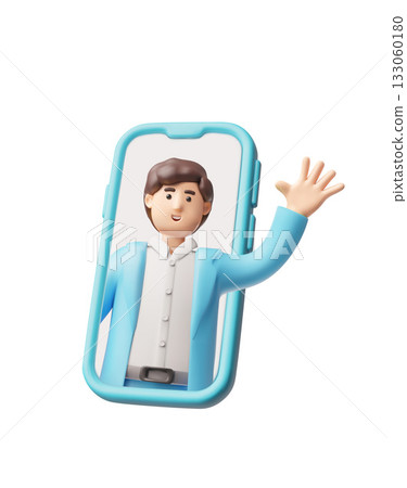 Man waves his hand, greets in smartphone screen, 3D vector online consultant, assistant, customer support service 133060180