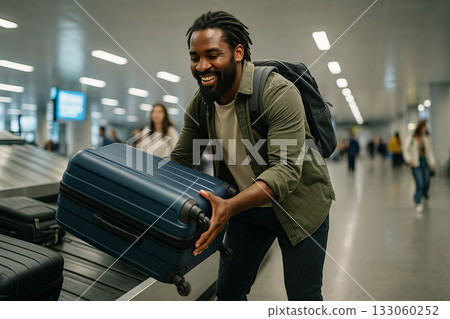 旅客在機場行李提取處領取行李 旅客在機場行李提取處領取行李 133060252