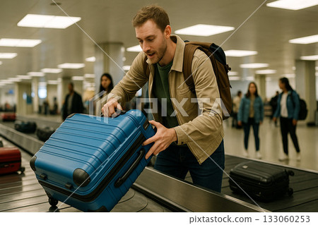 旅客在機場行李提取處領取行李 旅客在機場行李提取處領取行李 133060253