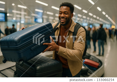 Travelers collecting their suitcases at the airport baggage claim area 133060254