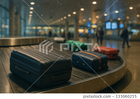 Travelers collecting their suitcases at the airport baggage claim area 133060255