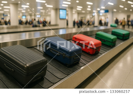 Travelers collecting their suitcases at the airport baggage claim area 133060257