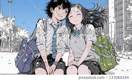 High school girl in uniform: commuting to school with friends High school girl in uniform: commuting to school with friends 133060284