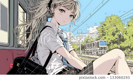 身穿制服的高中女生:在車站等火車 身穿制服的高中女生:在車站等火車 133060293