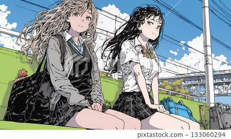 身穿制服的高中女生:和朋友在車站等火車 身穿制服的高中女生:和朋友在車站等火車 133060294