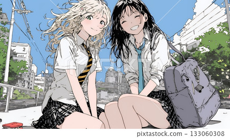 穿著制服的高中女生：和朋友一起上學 133060308