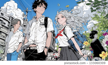 穿著制服的高中女生：和朋友一起上學 133060309