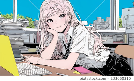 身穿制服的高中女生：在家操作電腦 133060310