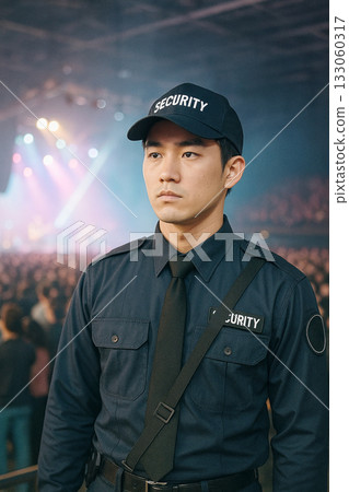 AI-generated Japanese male staff member in his 30s working as security at a live music venue 133060317
