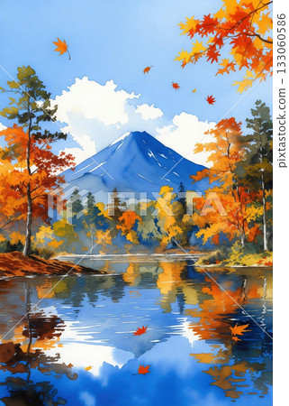 湖面倒映著富士山和秋葉。 133060586