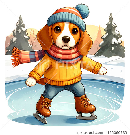 Winter watercolor illustration of a beagle enjoying skating on an ice rink 1 / Material for flyers and posters Winter watercolor illustration of a beagle enjoying skating on an ice rink 1 / Material for flyers and posters 133060783